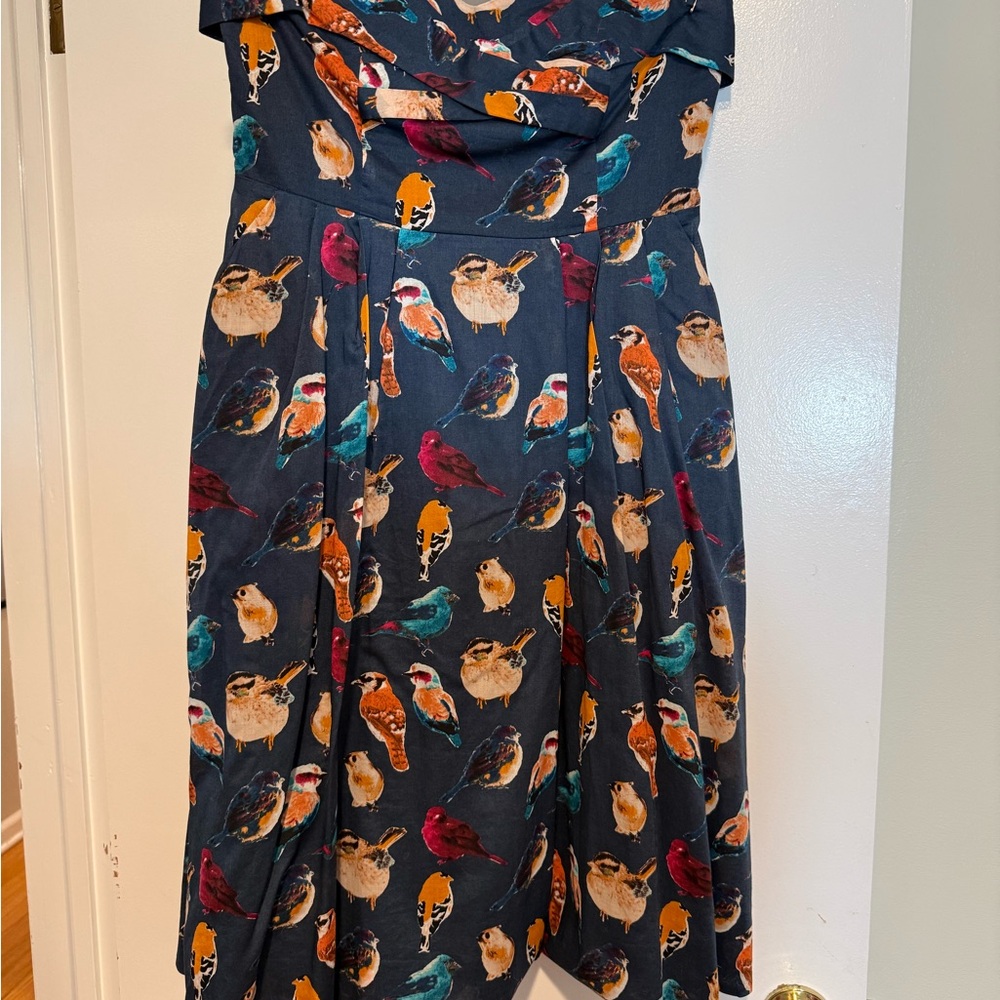Maeve Strapless Navy Bird-Print Midi Dress - Picture 5 of 7